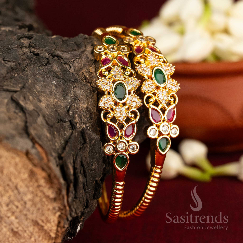 Sasitrends Micro Gold Plated American Diamond Floral Motif Kada Bangles Looks Like Real Gold