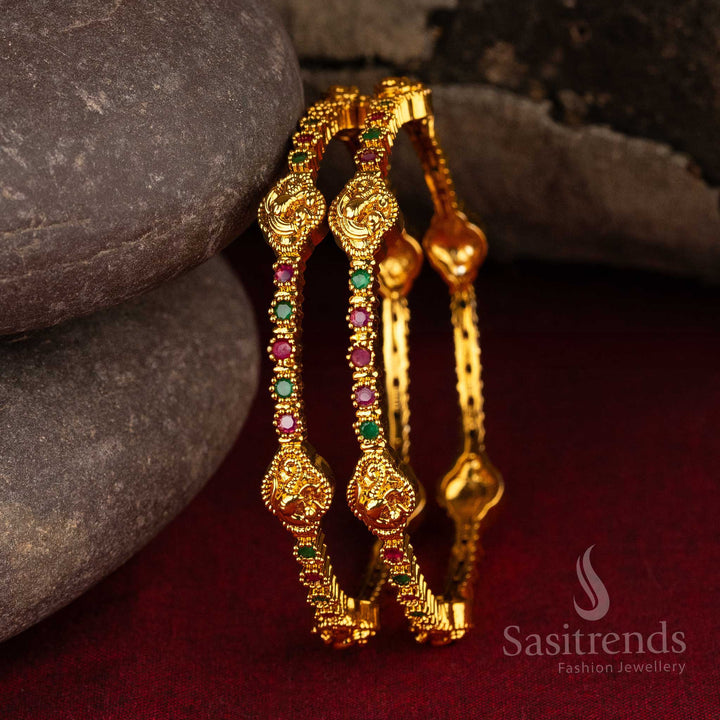 Traditional Peacock Motif AD Matte Gold Plated Temple Bangles - Sasitrends