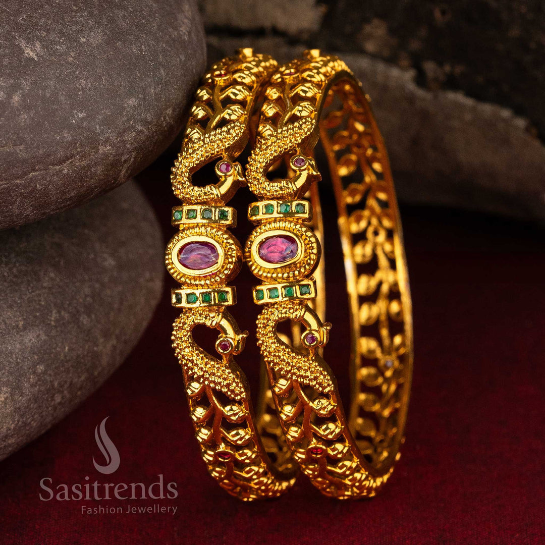 Peacock Motif Bridal AD Matte Gold Plated Temple Bangles Sasitrends Online Shopping - Sasitrends
