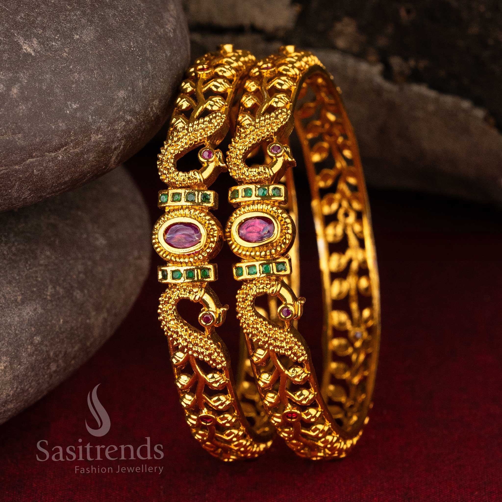 Peacock Motif Bridal AD Matte Gold Plated Temple Bangles Sasitrends Online Shopping - Sasitrends