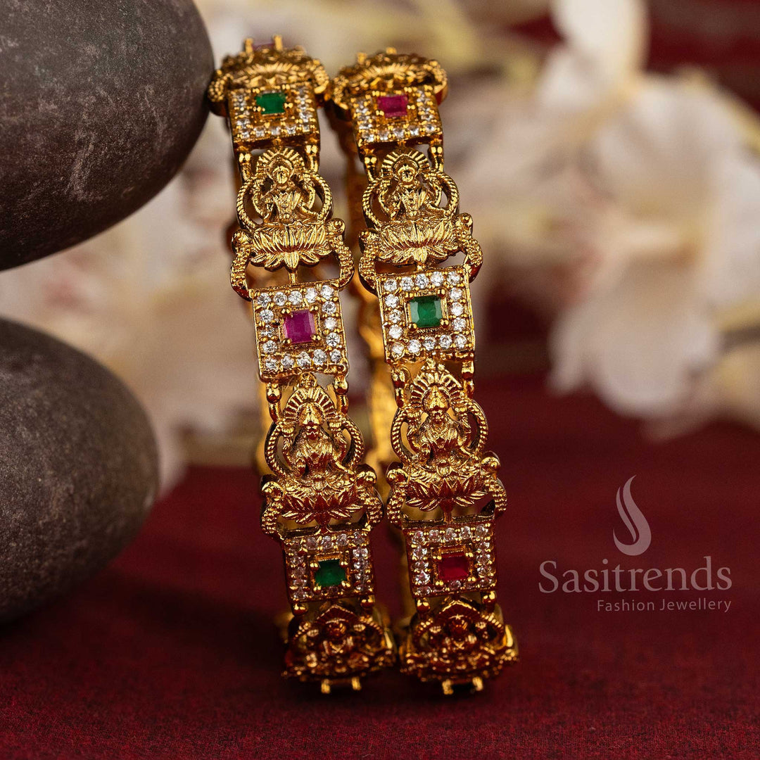 Elegant temple jewellery bangles with detailed Lakshmi motifs and AD stone studded frames, ideal for weddings and festive celebrations