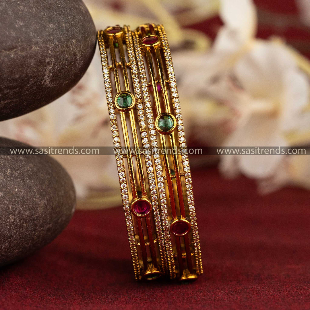 Vintage temple-inspired matte gold bangles with AD stones sasitrends online shopping