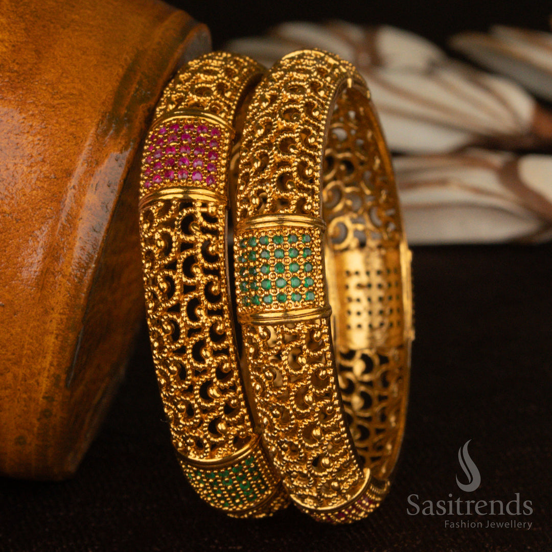 Gorgeous Premium Temple Matte Gold Plated Bangles Filigree Cutwork With AD Stones For Traditional Wear Sasitrends