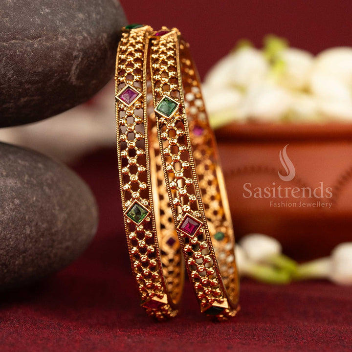 Sasitrends | Antique Matte Gold Plated Bangles with Square AD Kemp Stones and Intricate Bead Pattern
