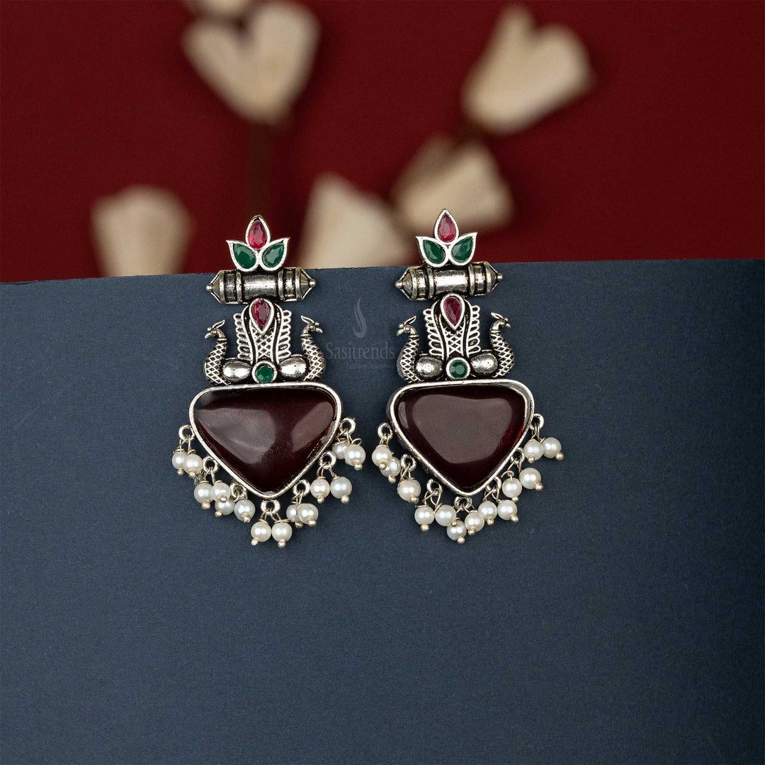 Elegant Oxidised Silver Earrings with Vibrant Cabochon Stones, Peacock  Motif, and Pearl Hangings Sasitrends