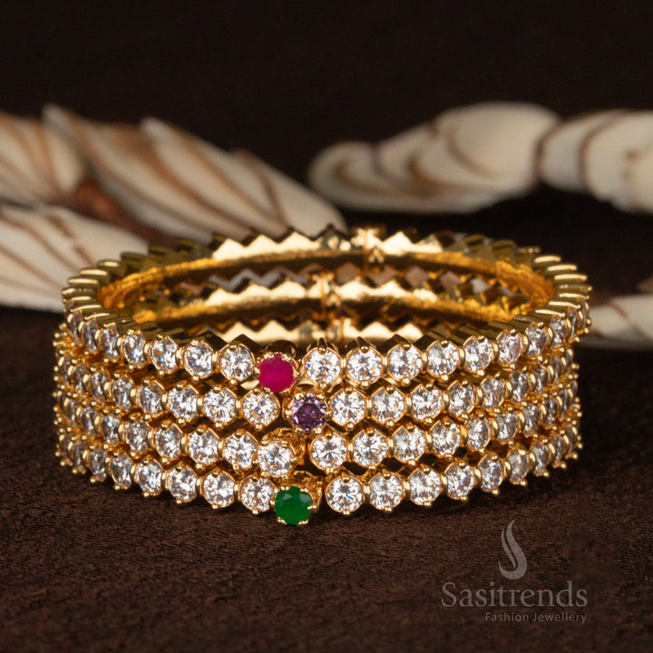 Grand micro gold finish real American diamond look bracelet bangles, featuring striking stones for a traditional and heritage-inspired aesthetic - Sasitrends