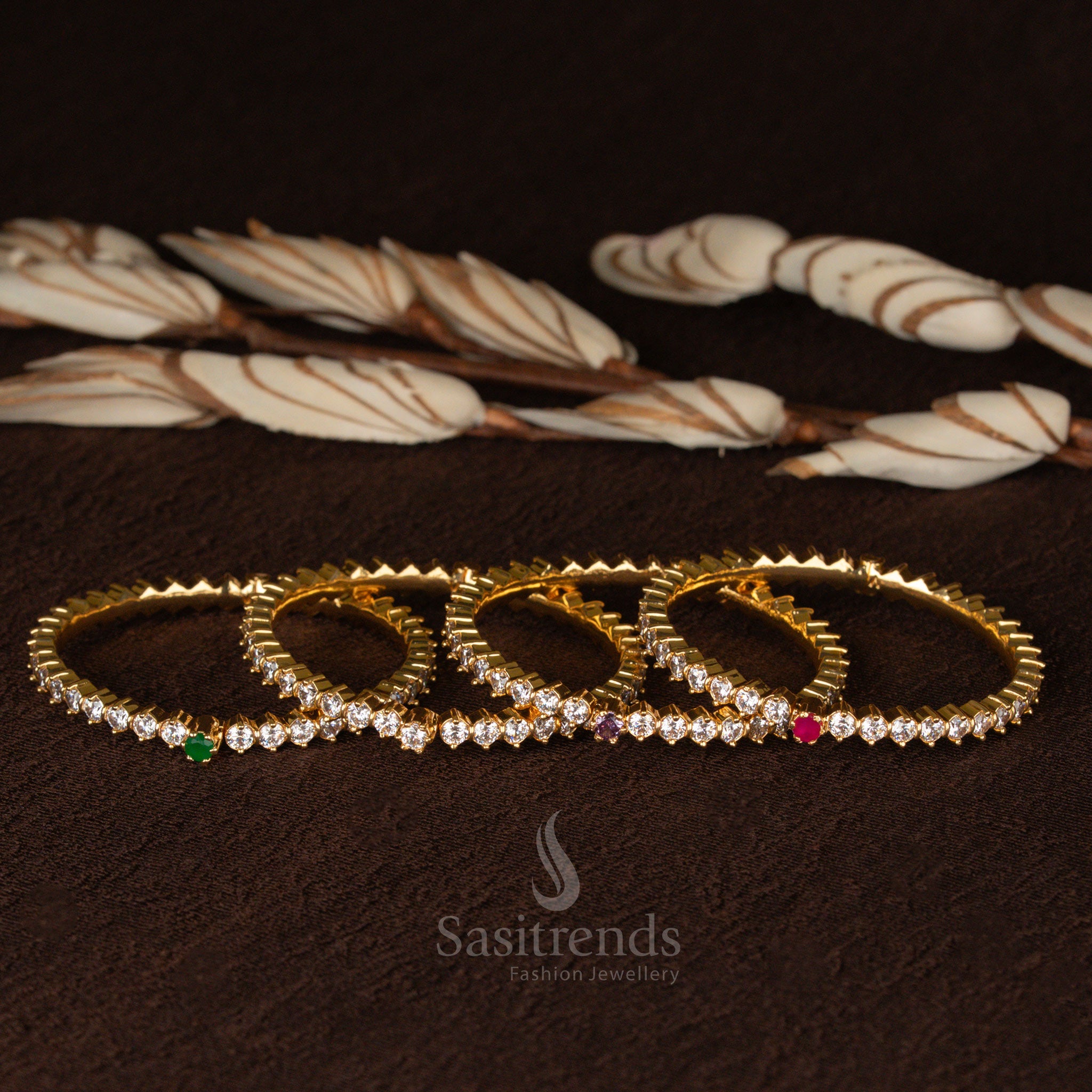 Elegant micro gold finish real American diamond look single-bracelet bangle with dazzling stones, designed for timeless sophistication and festive beauty - Sasitrends