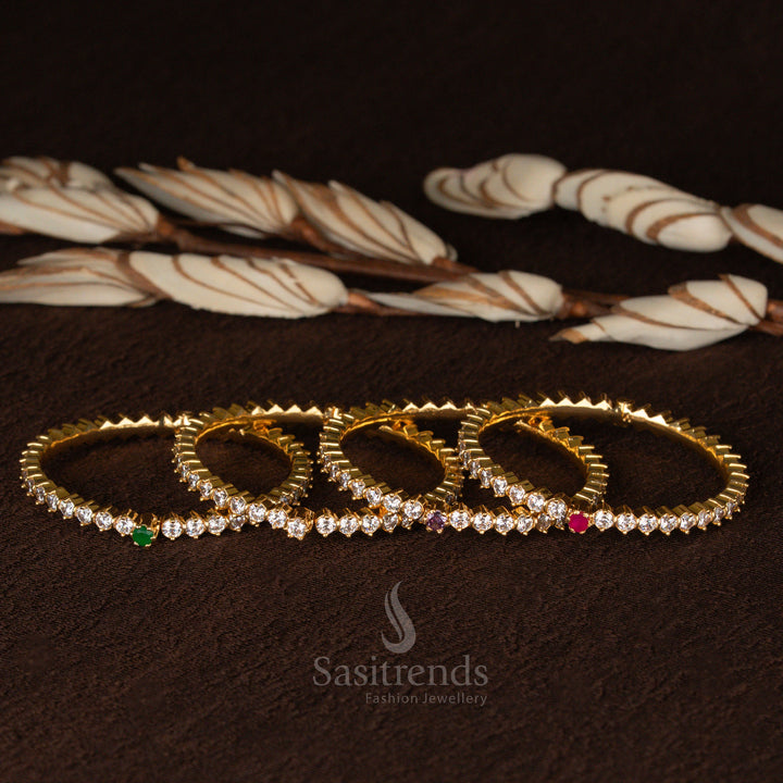 Elegant micro gold finish real American diamond look single-bracelet bangle with dazzling stones, designed for timeless sophistication and festive beauty - Sasitrends