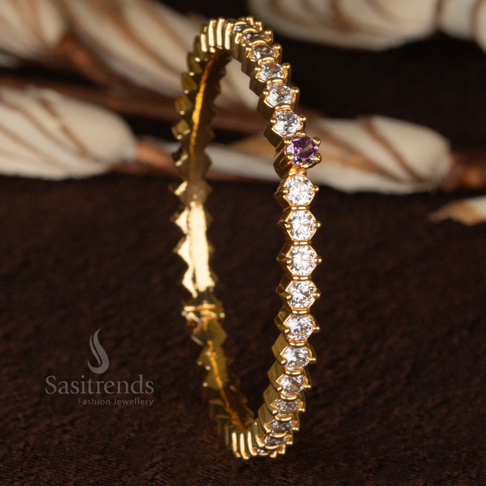 Exquisite micro gold plated bracelet bangle, featuring deep purple stones and American diamonds, designed for a regal ethnic statement - Sasitrends