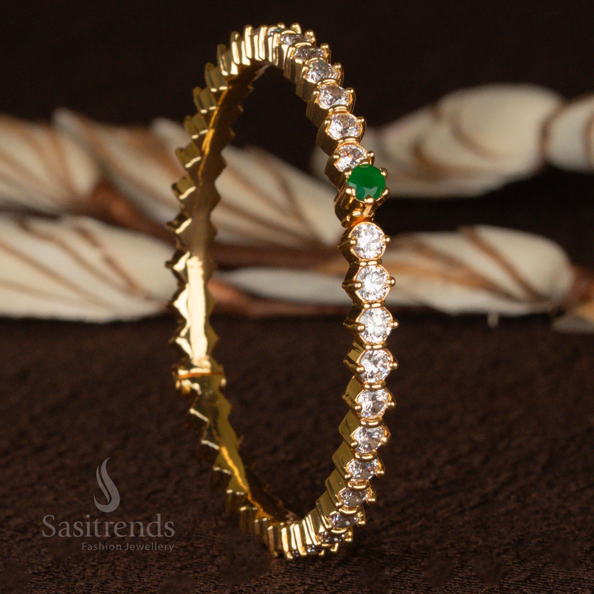 Ornate micro gold plated bracelet bangle, adorned with deep green stones and shimmering American diamonds, ideal for cultural celebrations - Sasitrends