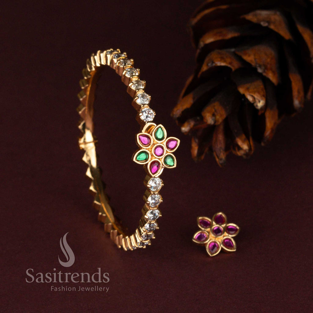 Designer One Gram Micro Gold Plated Floral Bracelet with Changeable Stone Feature and Screw Type Closure - Sasitrends