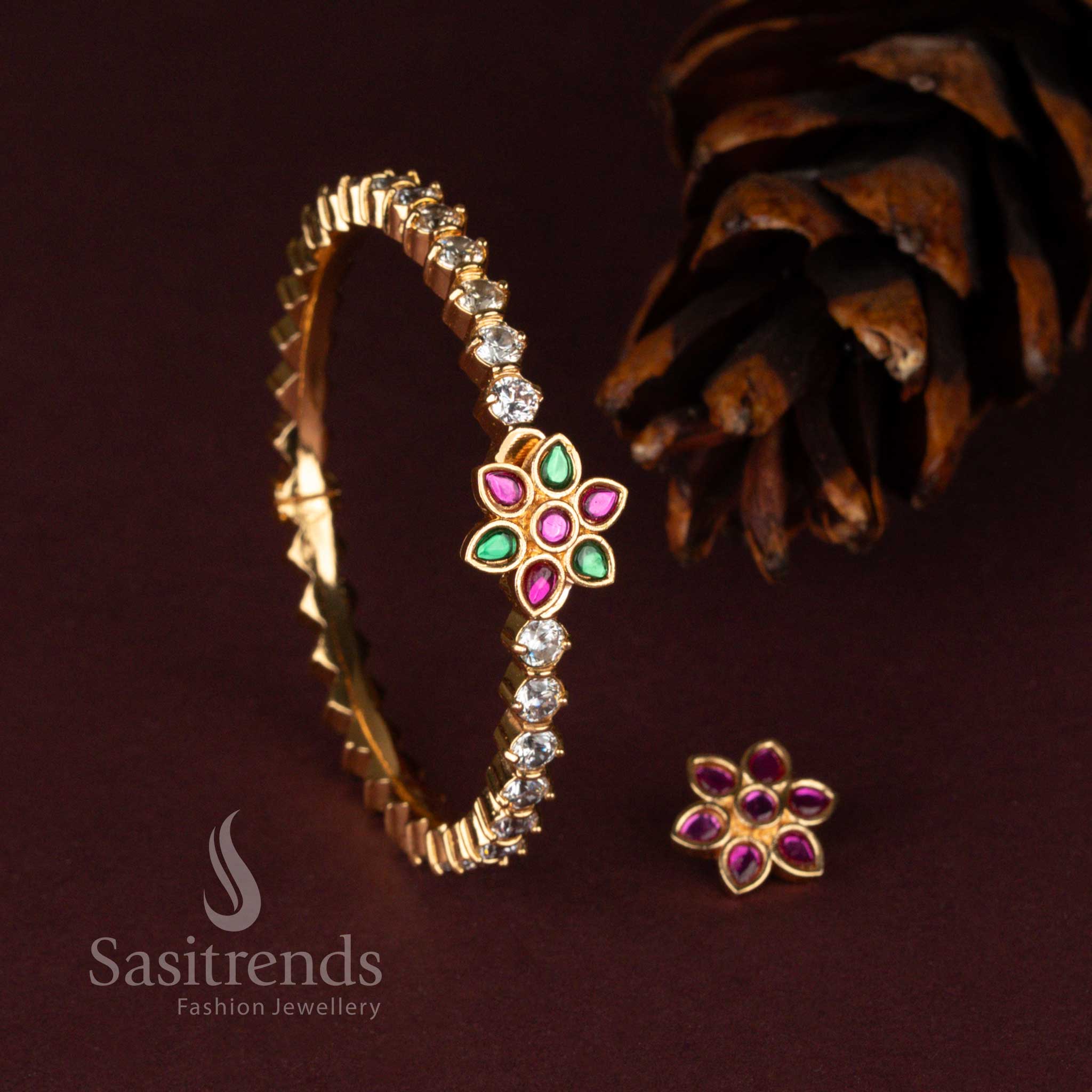 Designer One Gram Micro Gold Plated Floral Bracelet with Changeable Stone Feature and Screw Type Closure - Sasitrends