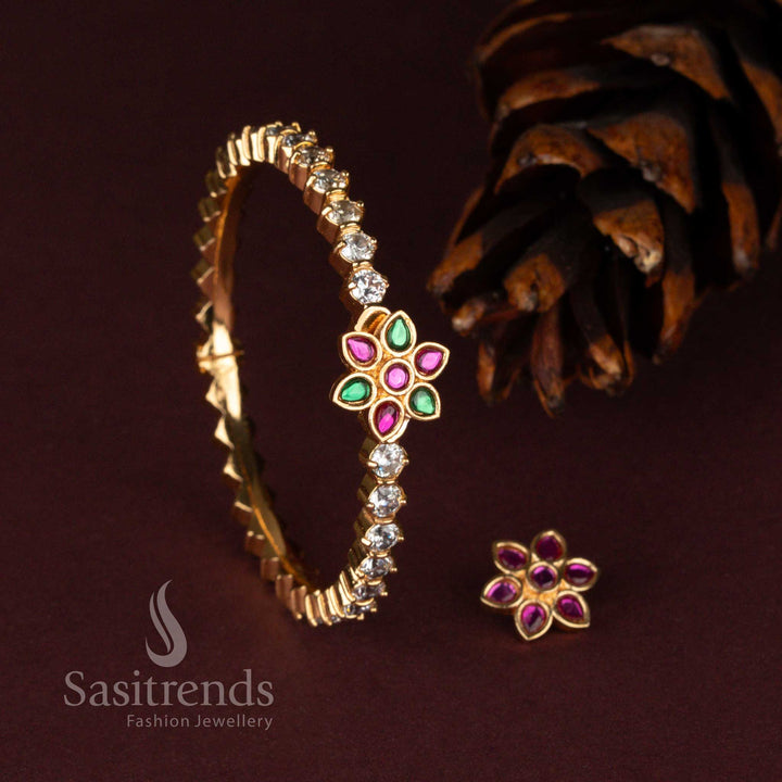 Designer One Gram Micro Gold Plated Floral Bracelet with Changeable Stone Feature and Screw Type Closure - Sasitrends
