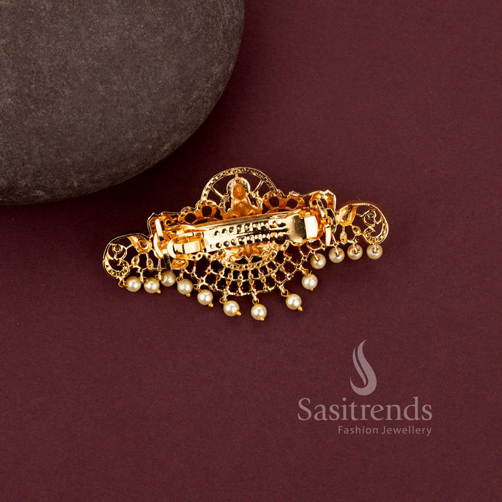 Traditional Lakshmi Design American Diamond Matte Gold Plated Hair Clip for Festive and Bridal Hairstyles - Sasitrend