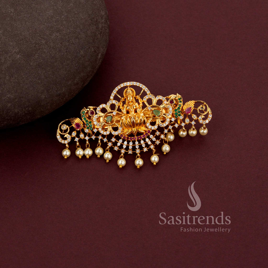 Elegant American Diamond Lakshmi Motif Matte Gold Plated Hair Clip with Pearls - Sasitrends