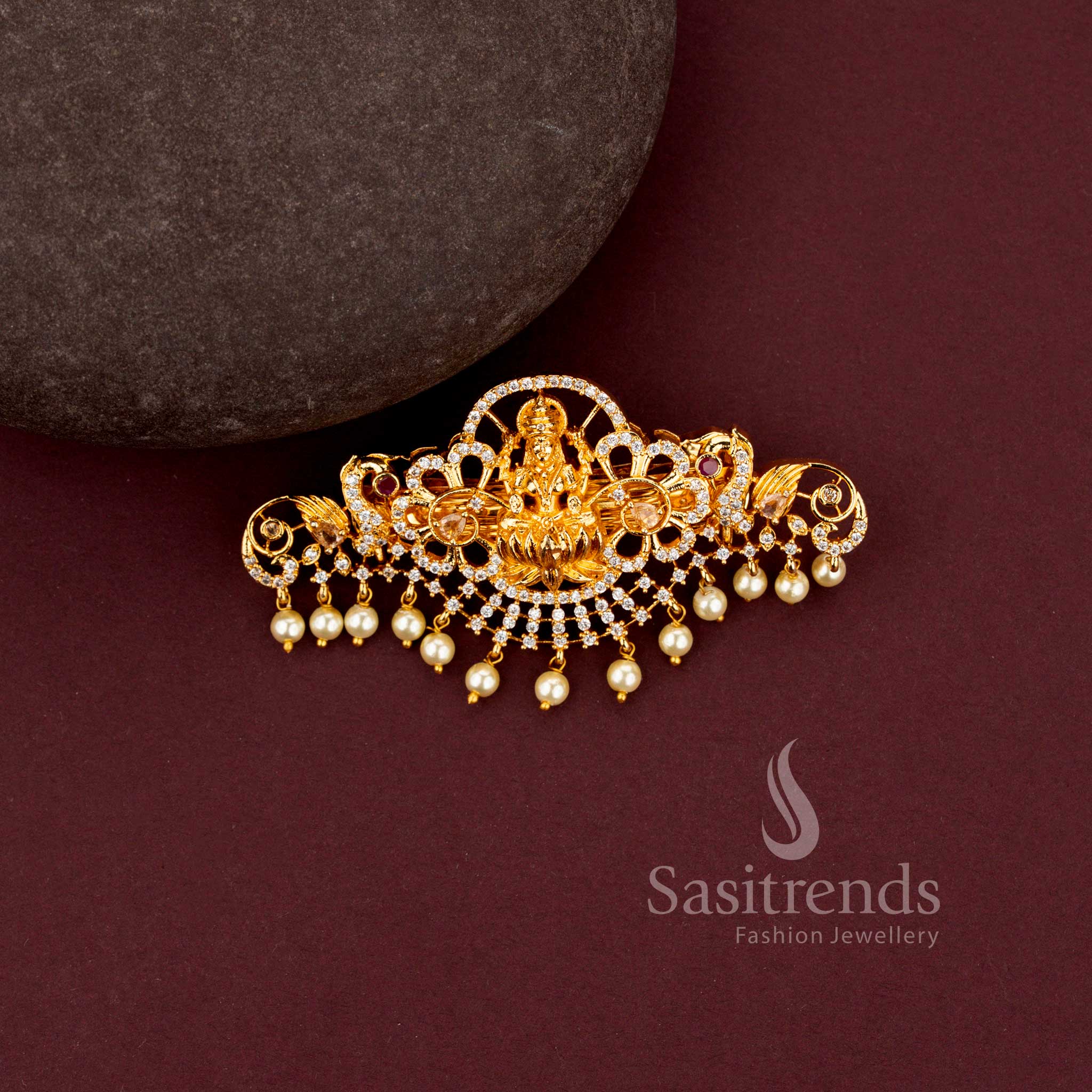 Elegant American Diamond Lakshmi Motif Matte Gold Plated Hair Clip with Pearls - Sasitrends