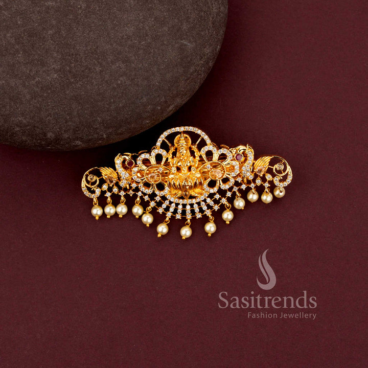 Elegant American Diamond Lakshmi Motif Matte Gold Plated Hair Clip with Pearls - Sasitrends
