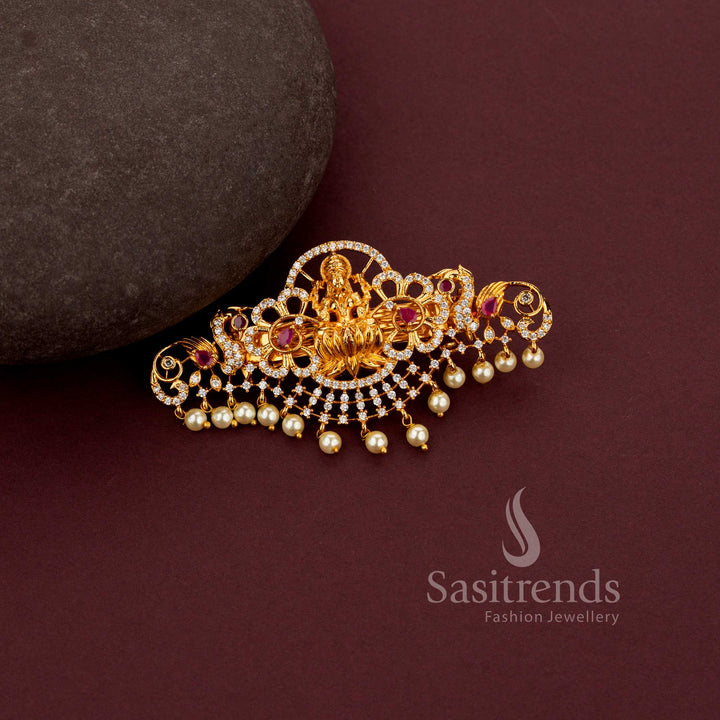 Designer Lakshmi Motif Matte Gold Plated Hair Clip Adorned with American Diamond and Pearl Accents - Sasitrends