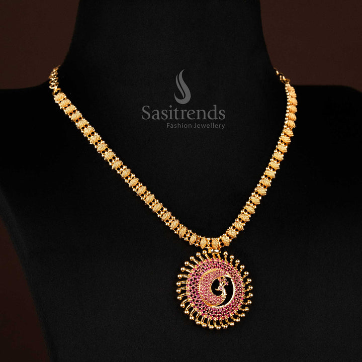 Micro gold plated necklace set with luxurious ruby AD pendant and peacock motif design, curated for traditional elegance and ethnic vibrance – ornate Indian jewellery from Sasitrends
