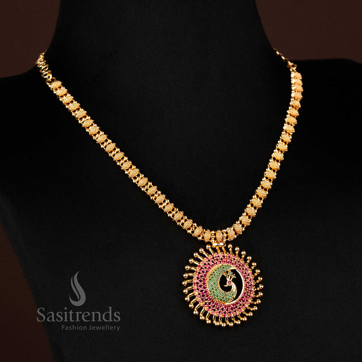 Traditional micro gold-plated peacock motif necklace featuring temple-style ruby-green American diamond embellishments – ornate and colourful heritage jewellery from Sasitrends