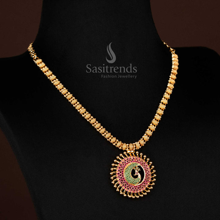 Ethnic necklace set with ruby-green American diamond detailing and peacock pendant crafted in one gram micro gold – regal festive jewellery inspired by temple art, by Sasitrends