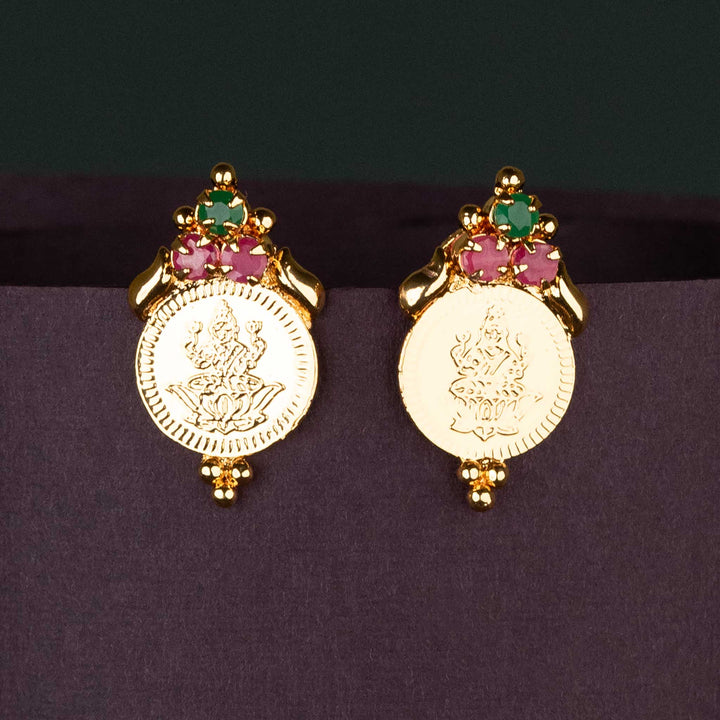 Traditional one gram micro gold plated lakshmi coin necklace with ruby green AD stones - Sasitrends