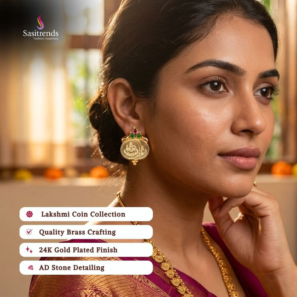Guaranteed Micro gold plated AD stone lakshmi coin earrings model image - Sasitrends