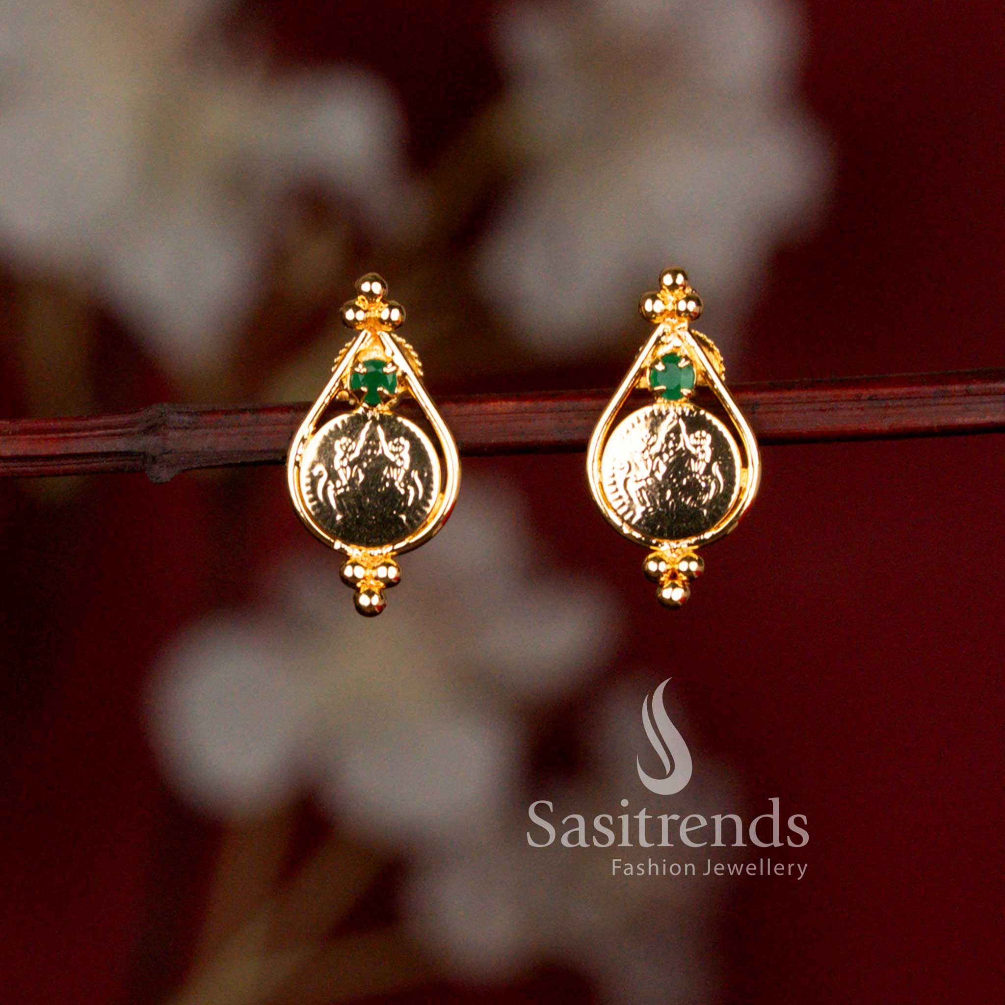 Traditional Guaranteed Micro Gold Plated Teardrop Coin Earrings with Goddess Lakshmi Design - Sasitrends
