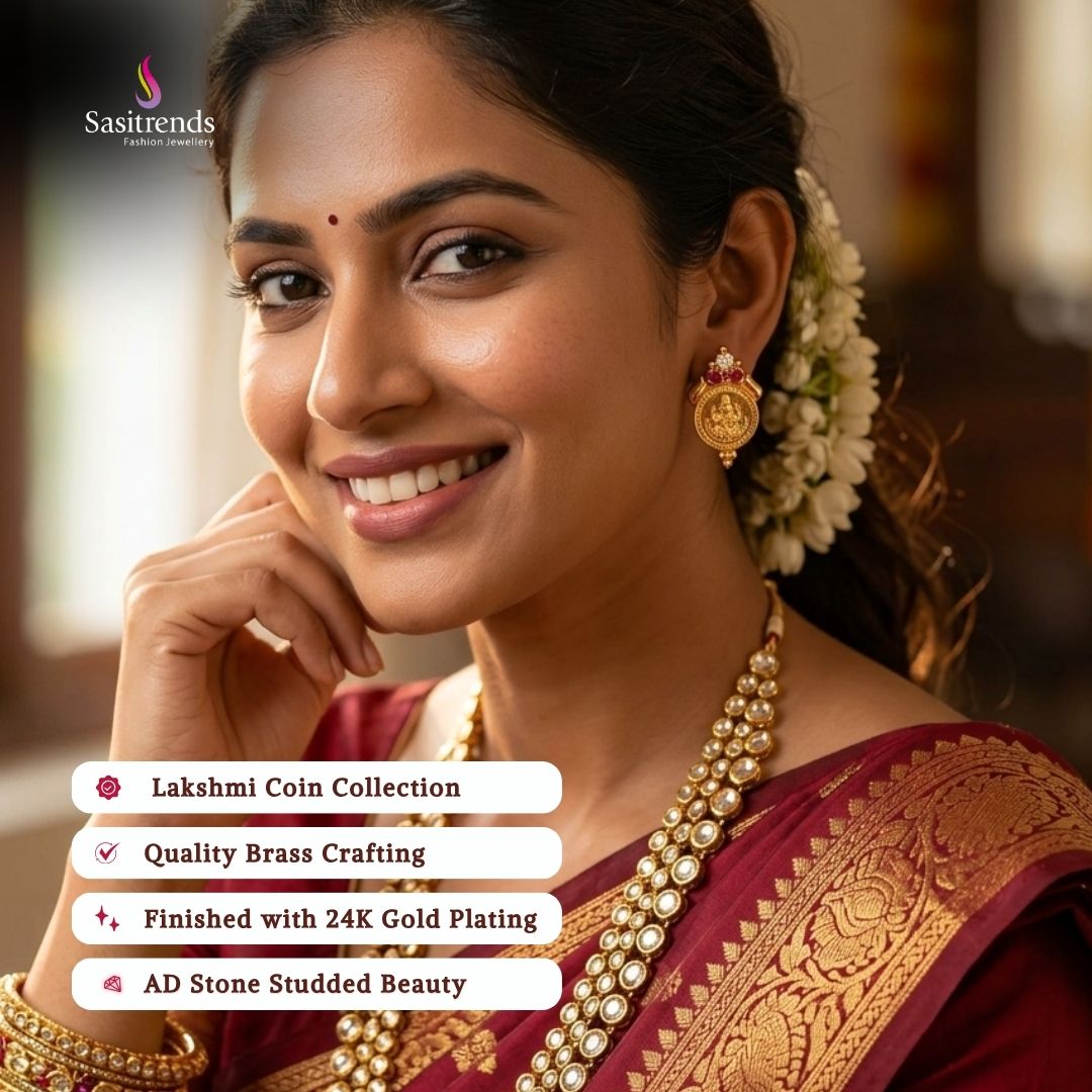 Guaranteed Micro gold plated AD stone lakshmi coin earrings model image - Sasitrends