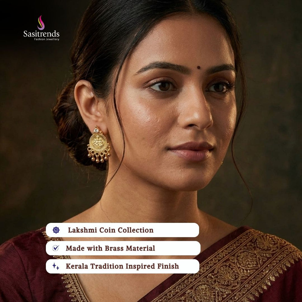 Guaranteed Micro gold plated AD stone lakshmi coin earrings model image - Sasitrends