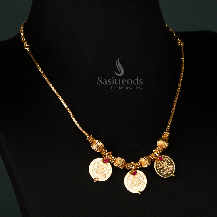 Micro Gold Plated 3 Lakshmi Coin Necklace with Temple Jewellery Design – Sasitrends