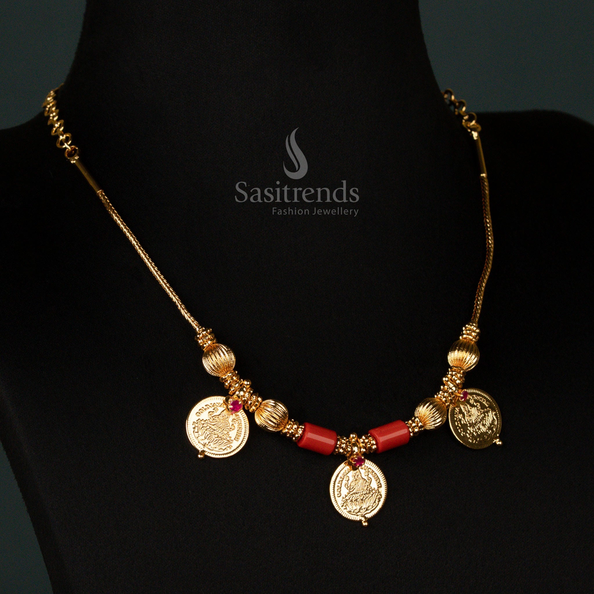 Micro Gold Plated 3 Lakshmi Coins with Coral Beads Traditional Necklace – Sasitrends