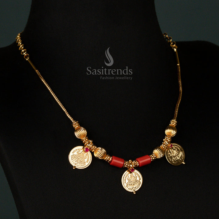 Micro Gold Plated 3 Lakshmi Coins with Coral Beads Traditional Necklace – Sasitrends