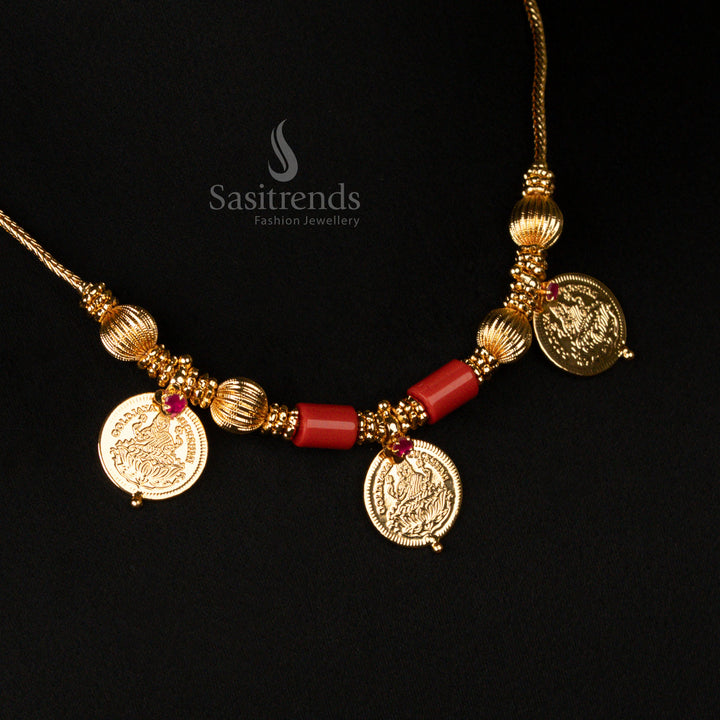 Wedding Jewellery Lakshmi Coin Coral Bead Necklace in Micro Gold Plated Finish - Sasitrends