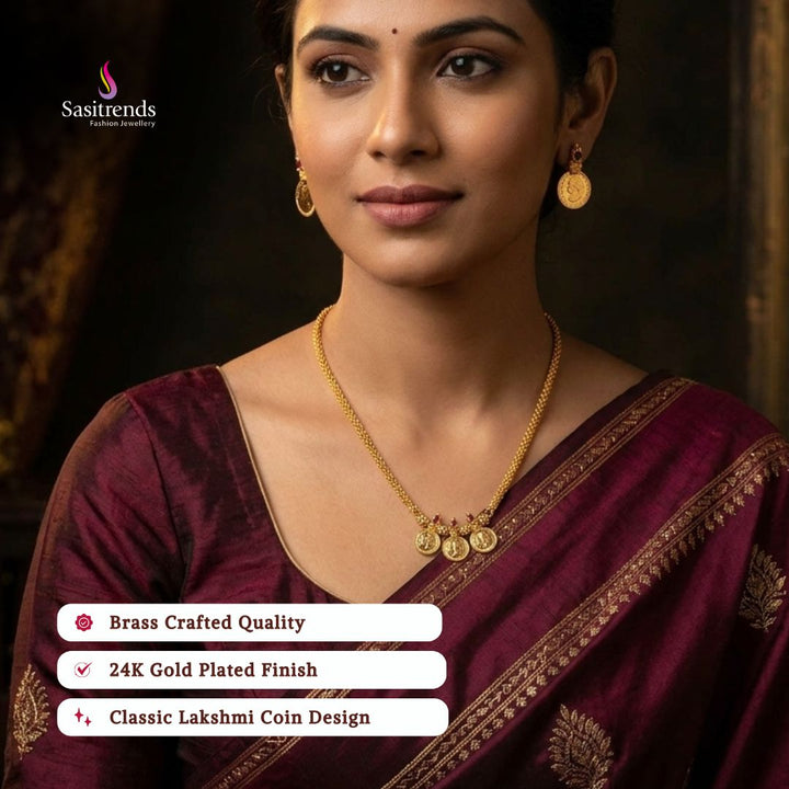 Guaranteed Micro gold plated AD stone lakshmi coin necklace model image - Sasitrends