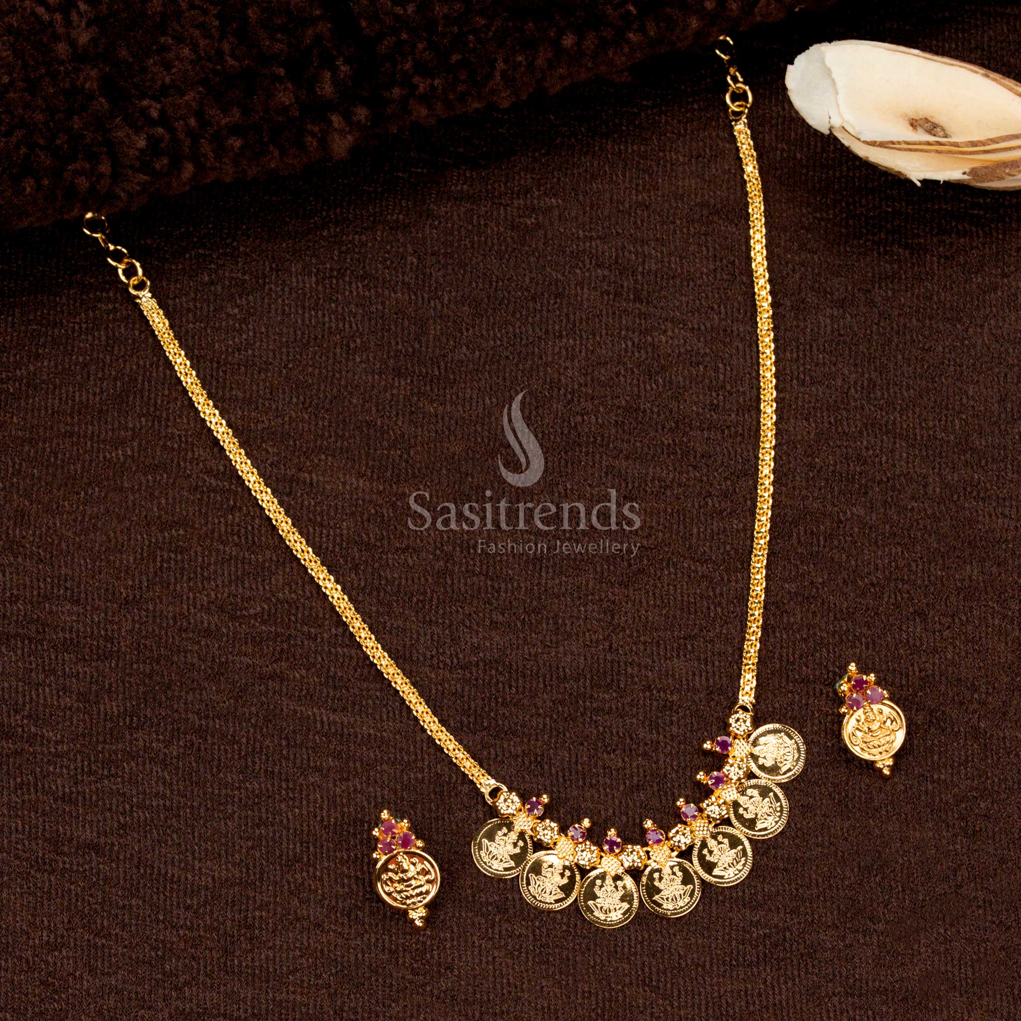Ruby AD stone Lakshmi coin necklace with flower motifs Sasitrends