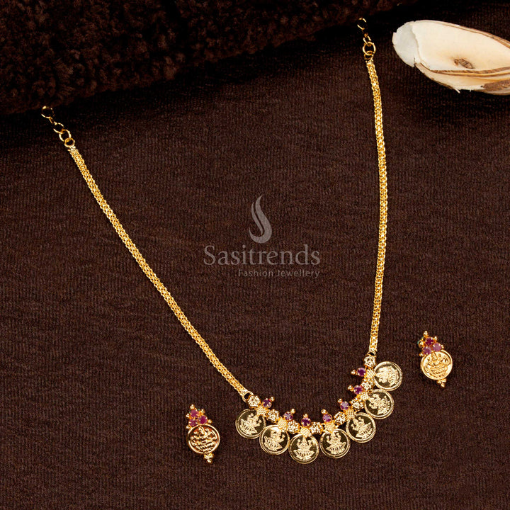 Ruby AD stone Lakshmi coin necklace with flower motifs Sasitrends