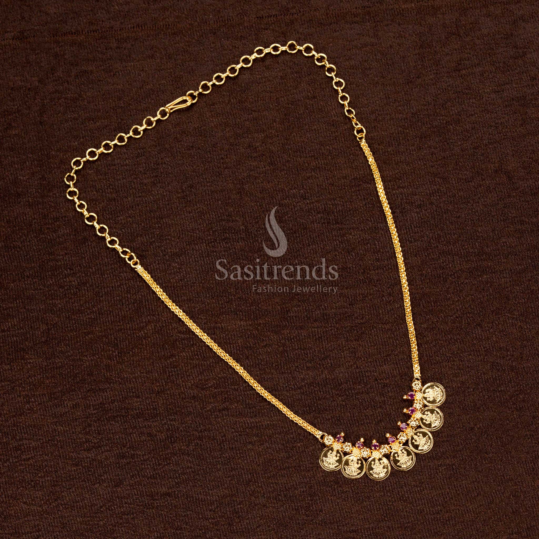 Traditional Ruby AD stone Lakshmi coin necklace with flower motifs Sasitrends