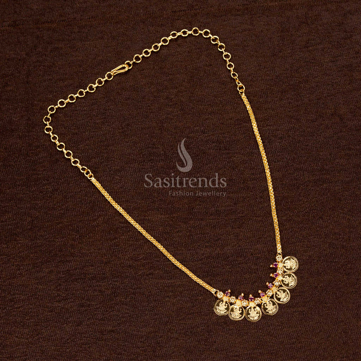 Traditional Ruby AD stone Lakshmi coin necklace with flower motifs Sasitrends