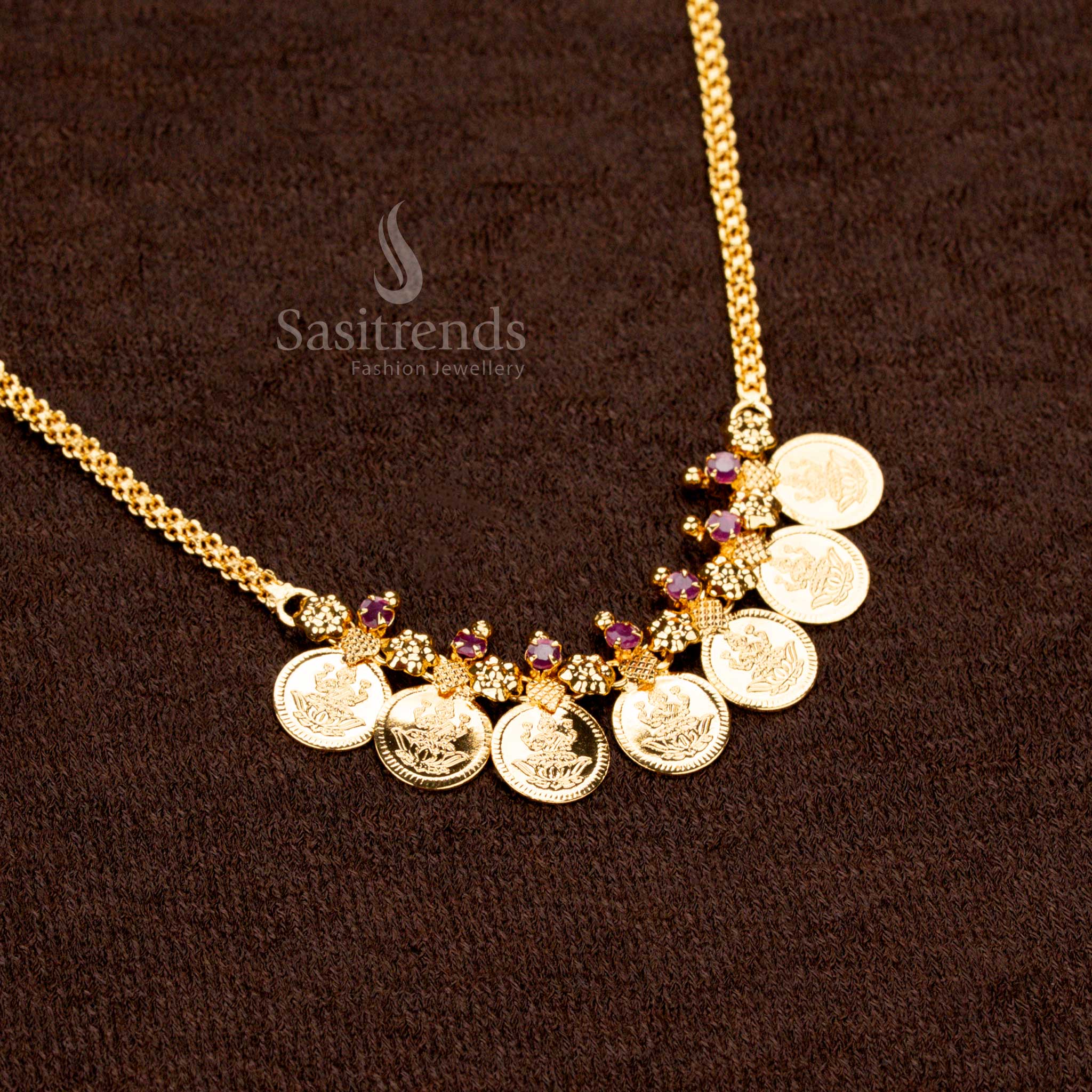 Traditional Ruby AD stone Lakshmi coin necklace with flower motifs Sasitrends