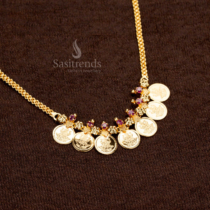 Traditional Ruby AD stone Lakshmi coin necklace with flower motifs Sasitrends