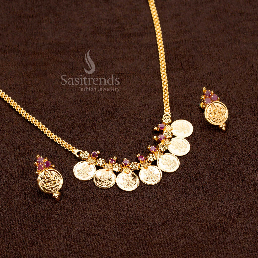 Traditional Ruby AD stone Lakshmi coin necklace with flower motifs Guaranteed - Sasitrends