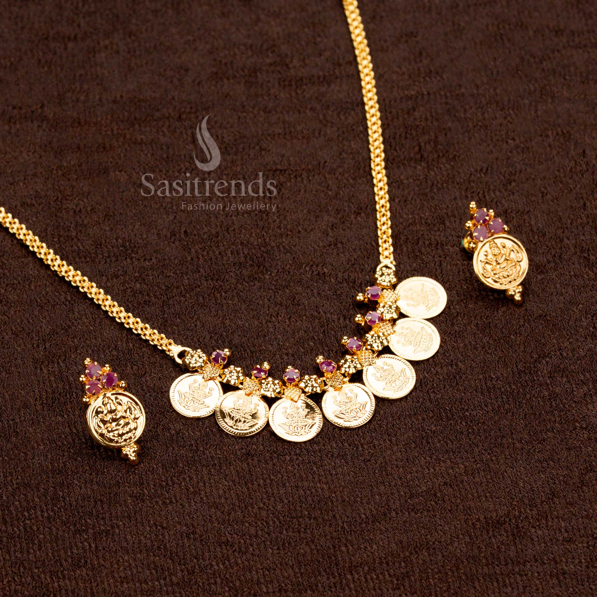 Traditional Ruby AD stone Lakshmi coin necklace with flower motifs Guaranteed - Sasitrends