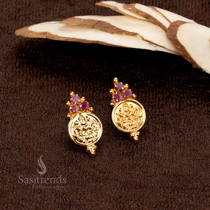 Matching Ruby AD stone Lakshmi coin necklace with flower motifs -Sasitrends