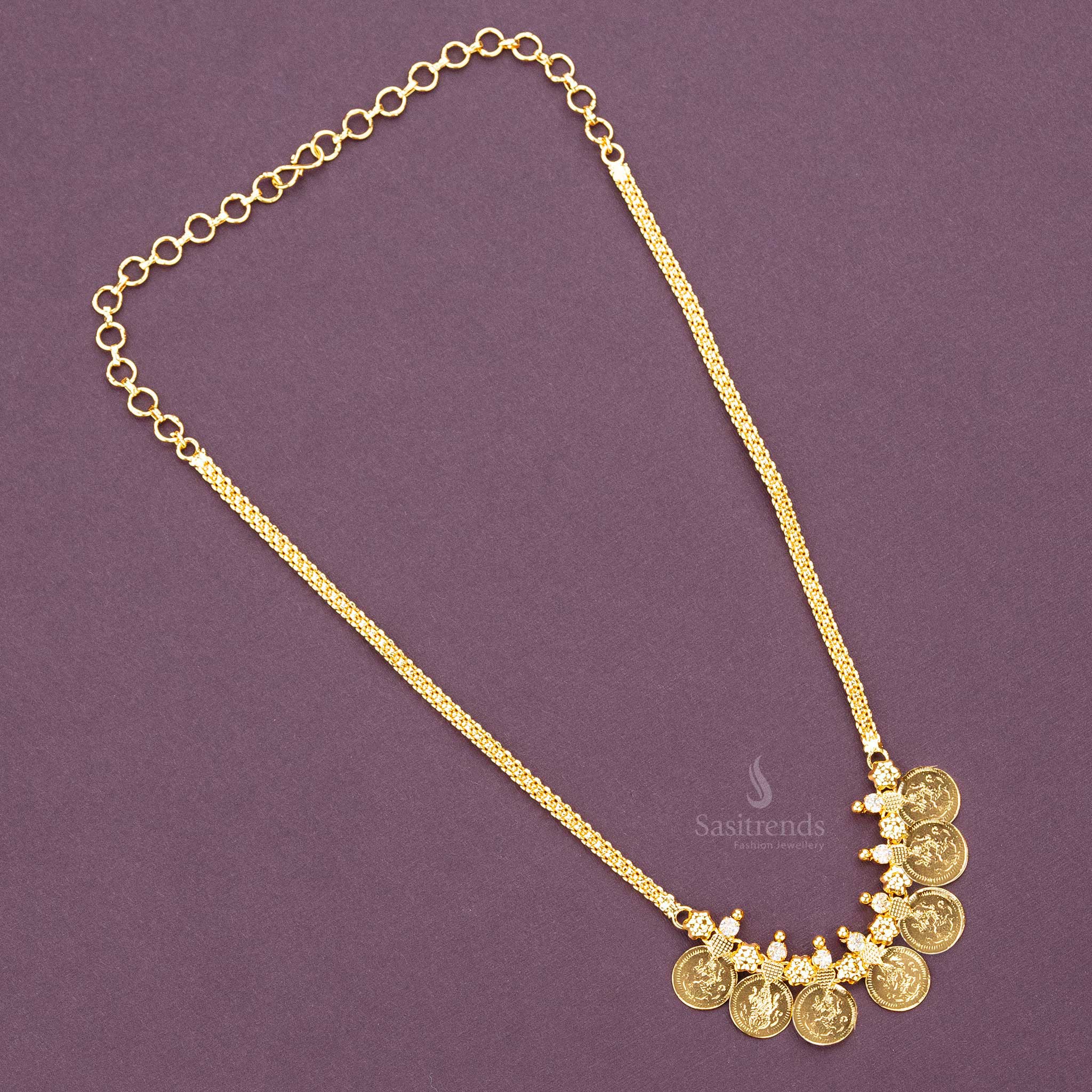 Traditional real gold look 24K micro gold plated white AD stone lakshmi coin necklace - Sasitrends