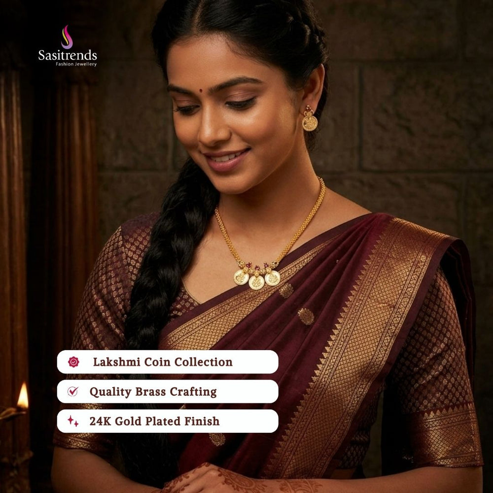 Guaranteed Micro gold plated lakshmi coin necklace set model image - Sasitrends