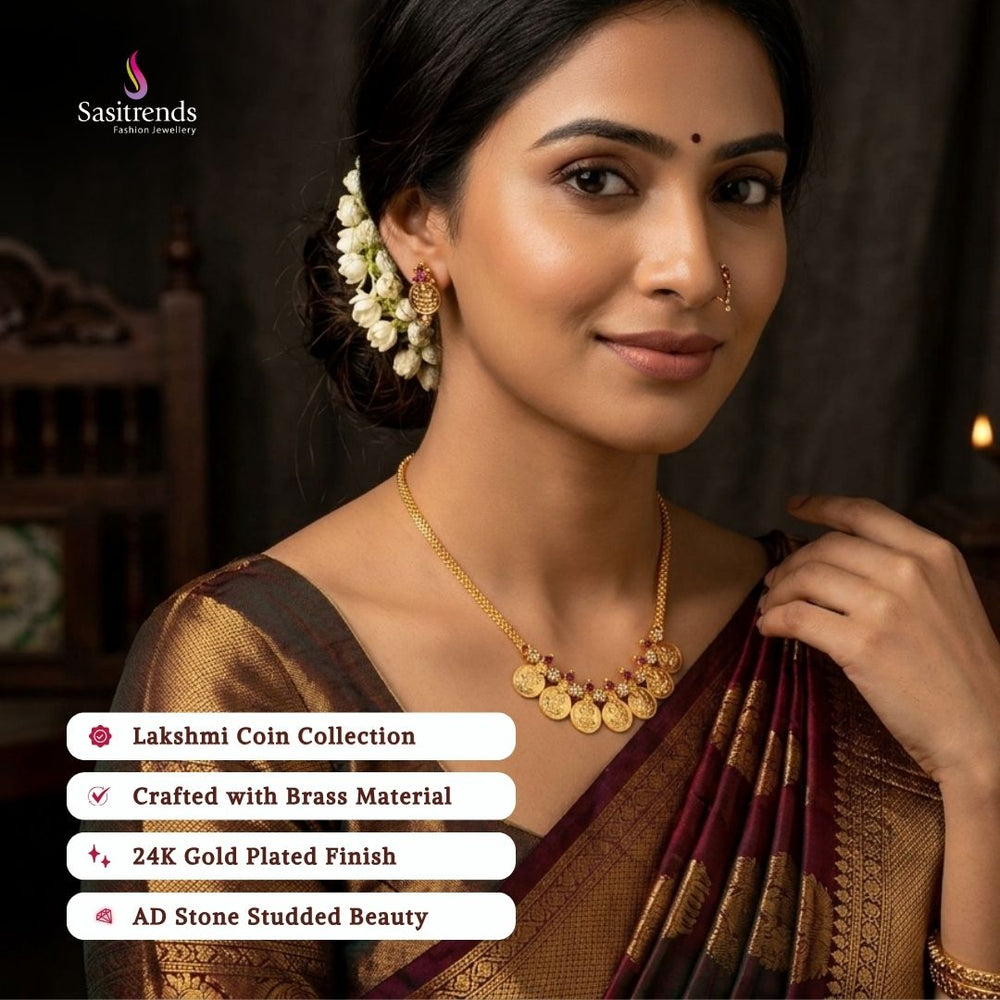 Guaranteed Micro gold plated AD stone lakshmi coin necklace set model image - Sasitrends