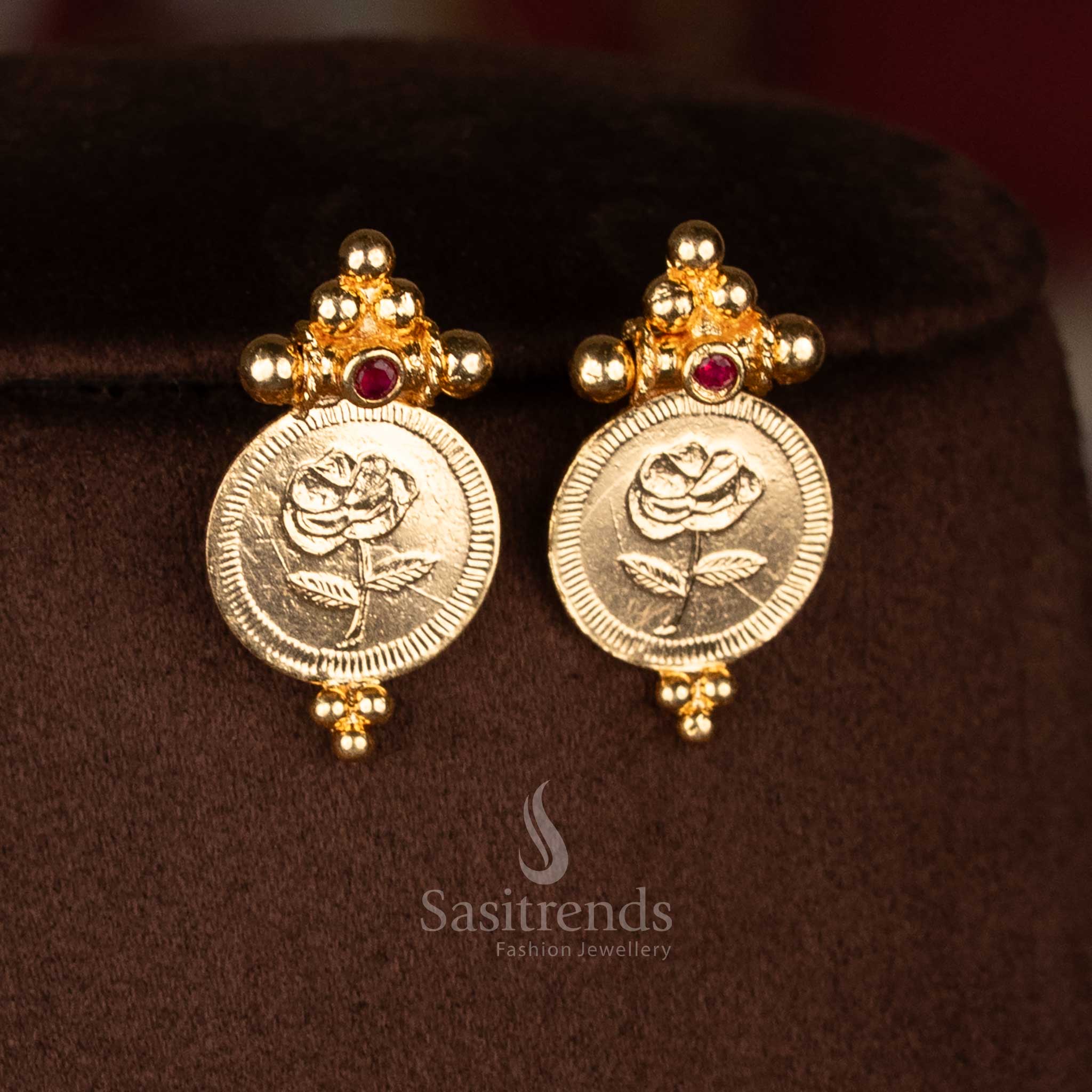 Micro Gold Plated Flower Coin Rose Motif AD Stone Necklace Jewellery set | Kerala Traditional Coin Design 1 Gram Jewellery - Sasitrends