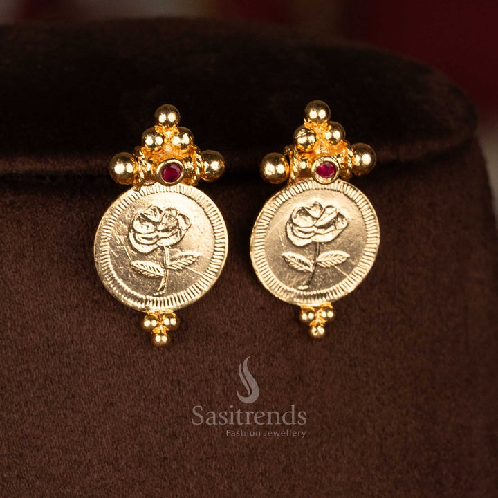 Micro Gold Plated Flower Coin Rose Motif AD Stone Necklace Jewellery set | Kerala Traditional Coin Design 1 Gram Jewellery - Sasitrends