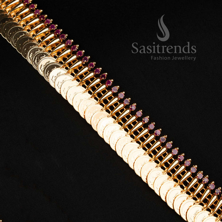 Kerala Traditional One Gram Micro Gold Plated Ruby AD Stone Mullapoo Lakshmi Coin Long Necklace by Sasitrends